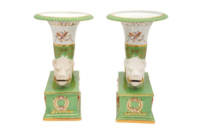 Lot 200 - A PAIR OF SEVRES STYLE CORNUCOPIA VASES WITH BISQUE BOARS HEADS