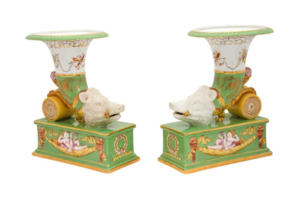 Lot 200 - A PAIR OF SEVRES STYLE CORNUCOPIA VASES WITH BISQUE BOARS HEADS