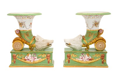 Lot 200 - A PAIR OF SEVRES STYLE CORNUCOPIA VASES WITH BISQUE BOARS HEADS