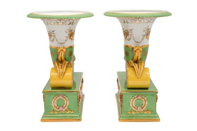 Lot 200 - A PAIR OF SEVRES STYLE CORNUCOPIA VASES WITH BISQUE BOARS HEADS