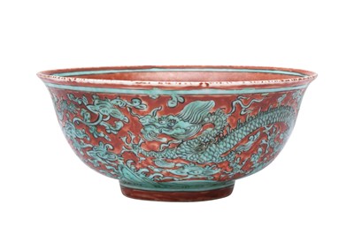 Lot 512 - A CHINESE RED-GROUND GREEN-ENAMELLED 'DRAGON' BOWL