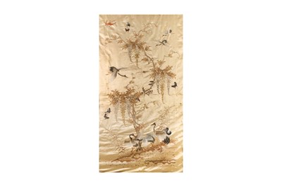 Lot 99 - A LARGE CHINESE SILK EMBROIDERED 'CRANES' PANEL