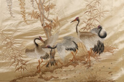 Lot 99 - A LARGE CHINESE SILK EMBROIDERED 'CRANES' PANEL