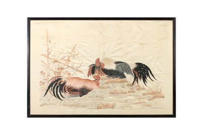 Lot 599 - TWO CHINESE SILK EMBROIDERED 'CHICKENS' PANELS