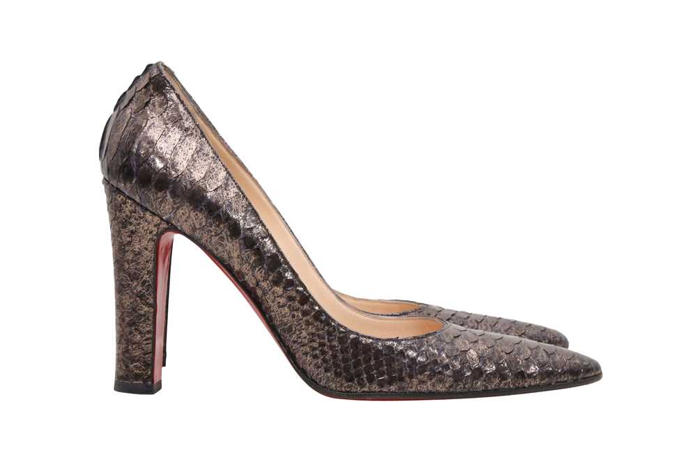 Lot 73 - λ Christian Louboutin Pewter Python Heeled Pump - Size 38