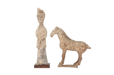 Lot 279 - A CHINESE POTTERY FIGURE OF A HORSE AND A FIGURE OF AN ATTENDANT