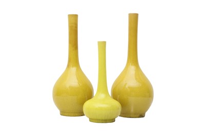 Lot 406 - THREE JAPANESE AWAJI MONOCHROME YELLOW-GLAZED VASES