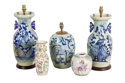 Lot 122 - THREE CHINESE CELADON-GROUND VASES, A JAR AND A CANTON VASE