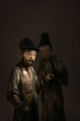 Lot 25 - TWO RARE AND IMPRESSIVE CHINESE SOAPSTONE STANDING COURT FIGURES