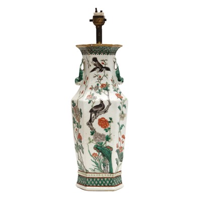 Lot 8 - A Chinese famille-verte 'birds and flowers' mounted vase, Qing dynasty, Kangxi period