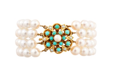Lot 121 - A FOUR-STRAND PEARL AND TURQUOISE BRACELET
