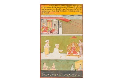 Lot 76 - AN INDIAN MINIATURE PAINTING FEATURING A COUPLE, A NOBLEMAN WITH ATTENDANTS AND KRISHNA