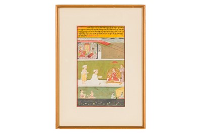 Lot 76 - AN INDIAN MINIATURE PAINTING FEATURING A COUPLE, A NOBLEMAN WITH ATTENDANTS AND KRISHNA