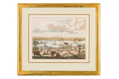 Lot 54 - A HAND COLOURED AQUATINT PRINT OF SURATTE