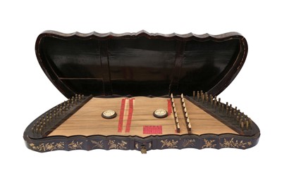 Lot 214 - A CHINESE QIN MUSICAL INSTRUMENT CASED IN A BLACK LACQUER BOX AND COVER