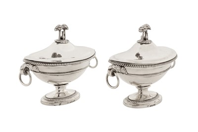 Lot A pair of George III sterling silver sauce tureens, London 1803 by William Frisbee (reg. 12th April 1791)