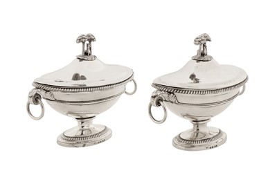 Lot 405 - A pair of George III sterling silver sauce tureens, London 1803 by William Frisbee (reg. 12th April 1791)