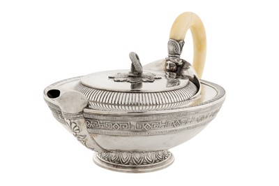 Lot 213 - An early 20th century Austrian 800 standard silver three-piece tea service, Vienna circa 1925 by Rudolf Lammel retailed by Carl Heiss