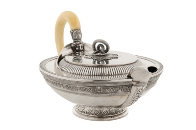 Lot 213 - An early 20th century Austrian 800 standard silver three-piece tea service, Vienna circa 1925 by Rudolf Lammel retailed by Carl Heiss