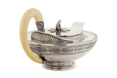 Lot 213 - An early 20th century Austrian 800 standard silver three-piece tea service, Vienna circa 1925 by Rudolf Lammel retailed by Carl Heiss