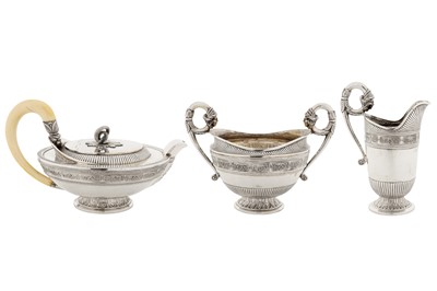 Lot 213 - An early 20th century Austrian 800 standard silver three-piece tea service, Vienna circa 1925 by Rudolf Lammel retailed by Carl Heiss