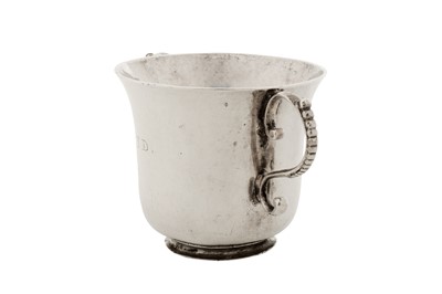 Lot 380 - A mid-18th century George III silver Channel Islands twin handled cup, Guernsey circa 1760 by Pierre Maingy (born c. 1718, active c.1755/1775)