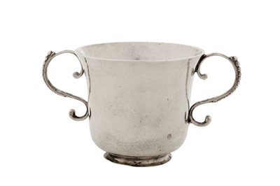 Lot 380 - A mid-18th century George III silver Channel Islands twin handled cup, Guernsey circa 1760 by Pierre Maingy (born c. 1718, active c.1755/1775)