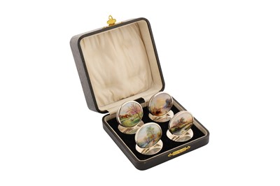 Lot 20 - A cased set of four George V sterling silver and enamel place card or menu holders, Birmingham 1928 by Adie Bros