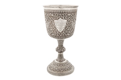 Lot 139 - A large late 19th century Anglo – Indian unmarked silver standing cup, Cutch dated 1893