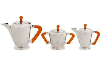 Lot 94 - A mid-20th century Indian Art Deco silver three-piece coffee set, Bombay circa 1950