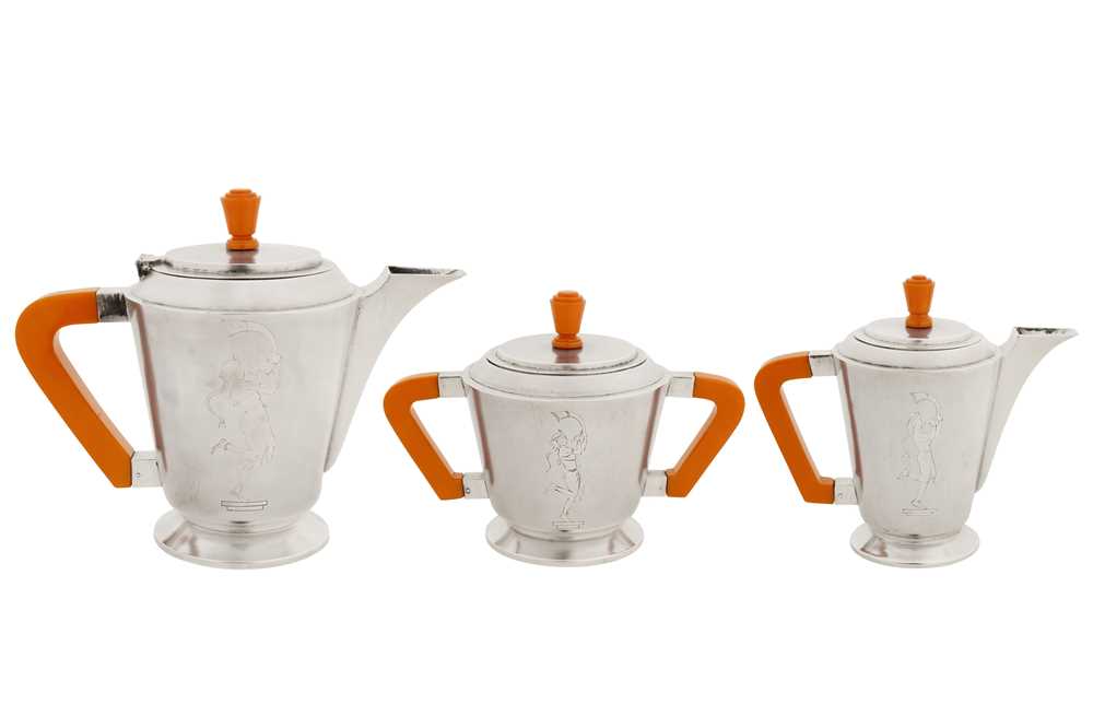Lot 94 - A mid-20th century Indian Art Deco silver three-piece coffee set, Bombay circa 1950