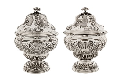 Lot 350 - A matched pair of Victorian sterling silver covered sweetmeat bowls, one London 1837 by Richard William Atkins and William Nathaniel Somersall