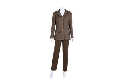 Lot 230 - Chanel Khaki Wool Tweed Military Trouser Suit - Size 42 & 40