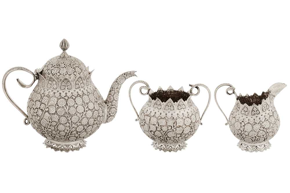 Lot 217 - An early 20th century Anglo – Indian silver three-piece tea set, Kashmir with Egyptian import marks for Cairo 1920