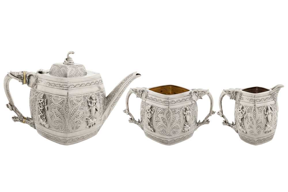 Lot 86 - A Victorian sterling silver Anglo – Indian style three-piece tea service, London 1892 by Edward Hutton