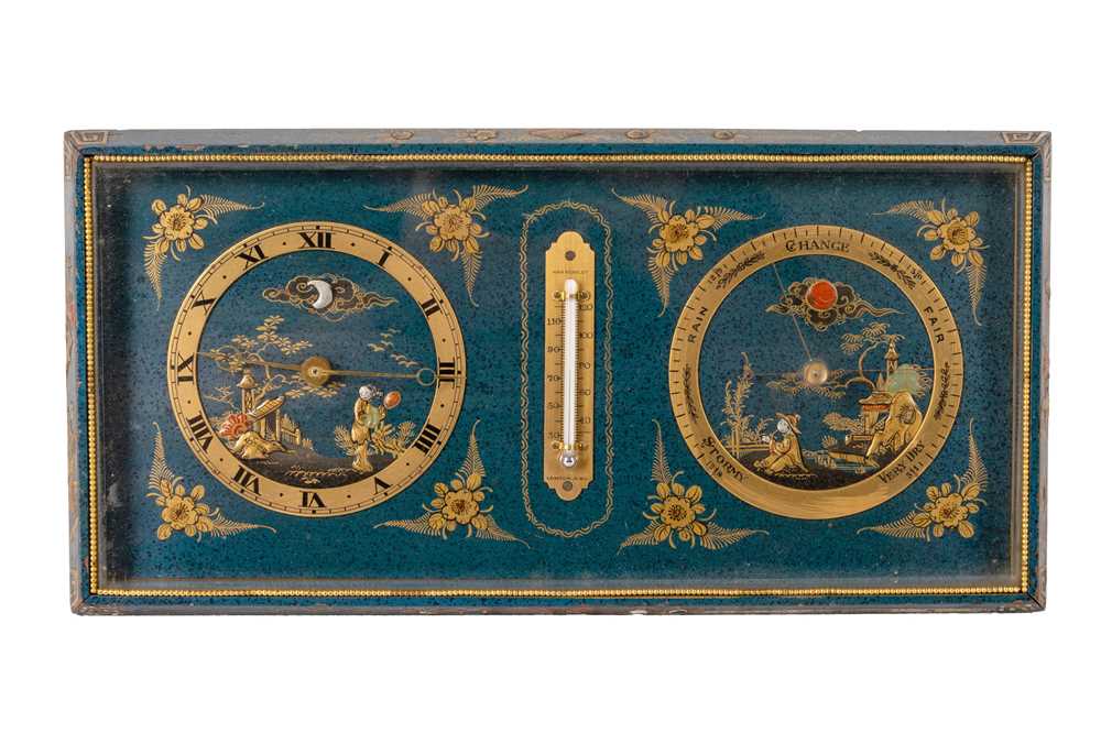 Lot 387 - A 1920S BLUE LACQUERED CHINOISERE CLOCK BAROMETER, RETAILED BY HARRODS