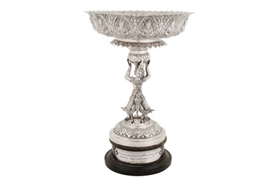 Lot 165 - An early 20th century Thai (Siamese) silver presentation tray on stand, Bangkok dated 1939