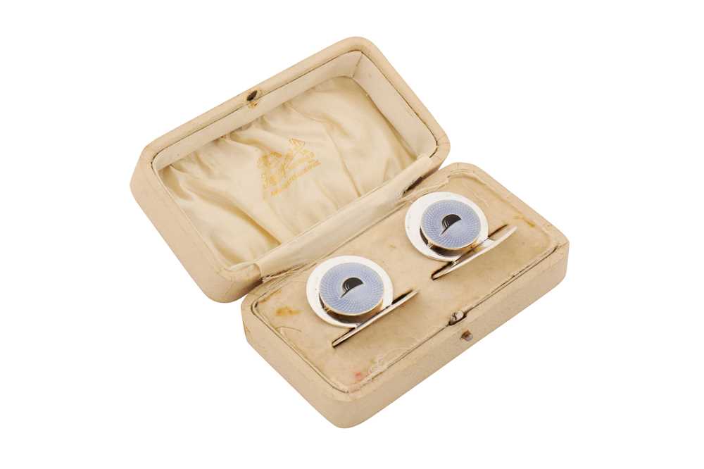 Lot 19 - A cased pair of Edwardian sterling silver and guilloche enamel place card or menu holders, London 1908 by J Batson and Son