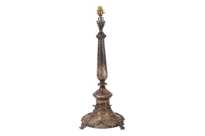 Lot 275 - A SILVER PLATED ECLESIASTICAL CANDLESTICK CONVERTED TO A TABLE LAMP, 19TH CENTURY