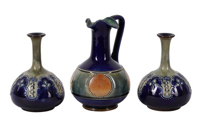 Lot 209 - AN EARLY 20TH CENTURY ROYAL DOULTON LAMBETH EWER, STAMPED 8422, PLUS A PAIR OF ROYAL DOULTON VASES