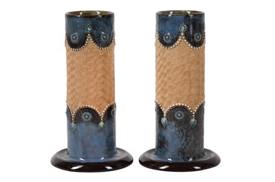 Lot 238 - A ROYAL DOULTON BLUE VASE AND TWO SLATERS VASES