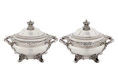 Lot 352 - Queen Adelaide service – A pair of early Victorian sterling silver Royal sauce tureens, London 1837 by William Bateman II