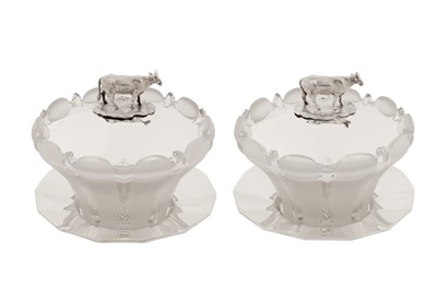 Lot 351 - Rothschild - A pair of early Victorian sterling silver and frosted glass butter dishes, Birmingham 1838 by George Richmond Collis