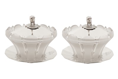 Lot 351 - Rothschild - A pair of early Victorian sterling silver and frosted glass butter dishes, Birmingham 1838 by George Richmond Collis
