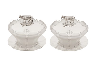 Lot 351 - Rothschild - A pair of early Victorian sterling silver and frosted glass butter dishes, Birmingham 1838 by George Richmond Collis