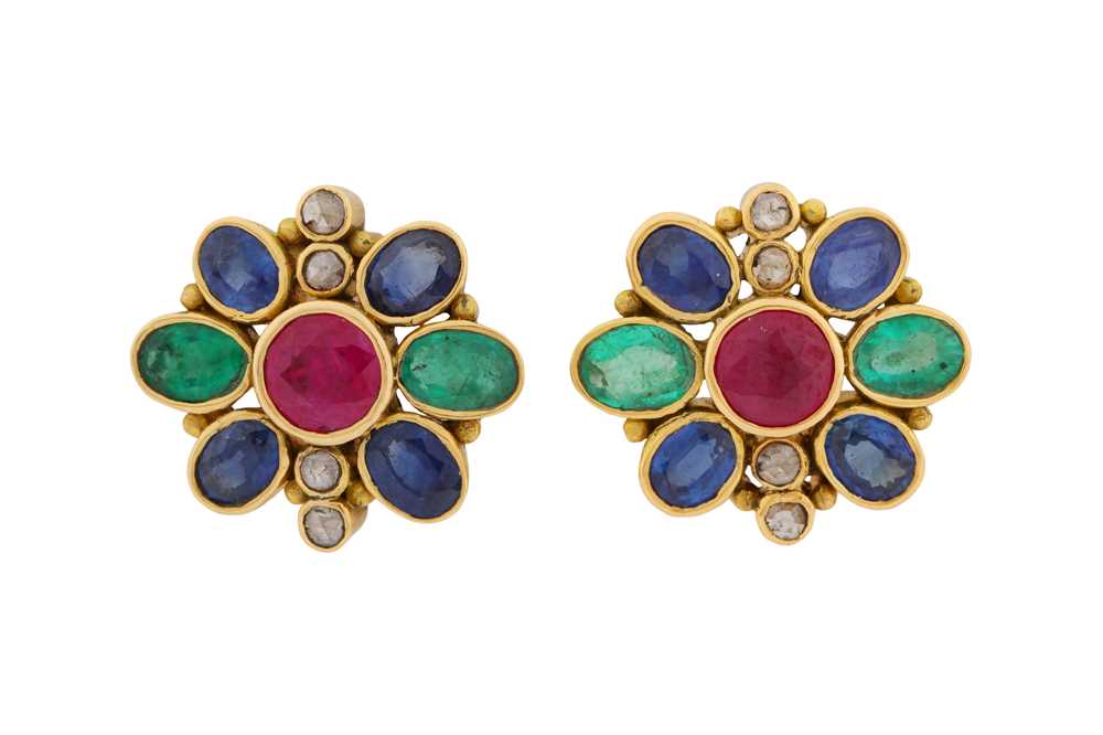 Lot 160 - A PAIR OF RUBY, SAPPHIRE AND EMERALD EARRINGS