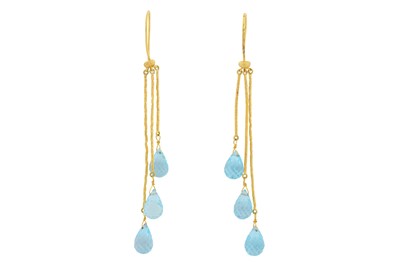 Lot 123 - A PAIR OF BLUE TOPAZ PENDENT EARRINGS, CIRCA 2009