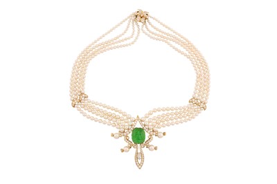 Lot 164 - AN EMERALD, DIAMOND AND CULTURED PEARL NECKLACE