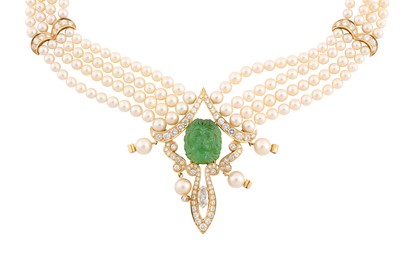 Lot 164 - AN EMERALD, DIAMOND AND CULTURED PEARL NECKLACE