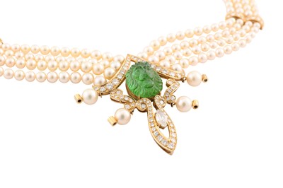 Lot 164 - AN EMERALD, DIAMOND AND CULTURED PEARL NECKLACE